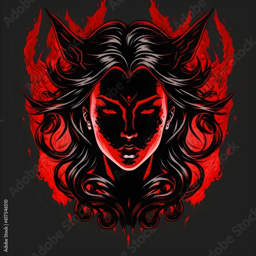 Stylized black bold female demon logo with red background 8k 