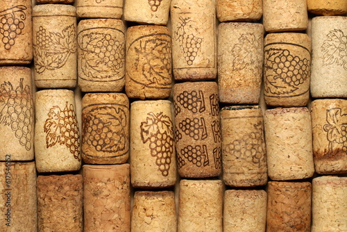 Closeup pattern background of many different wine corks, wine corks background, different wine corks texture