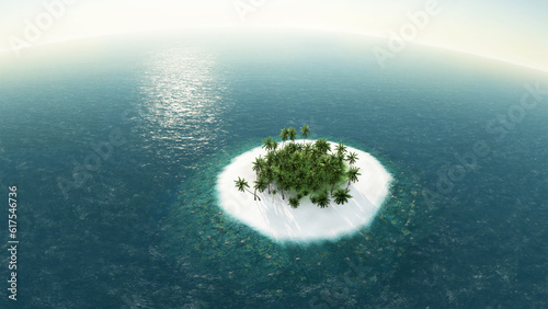 sea tropical island palm trees sun 3D illustration