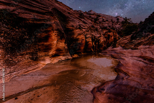 Stars shining over the mountains and river beneath them in Zion National Park. Utah, United States of America