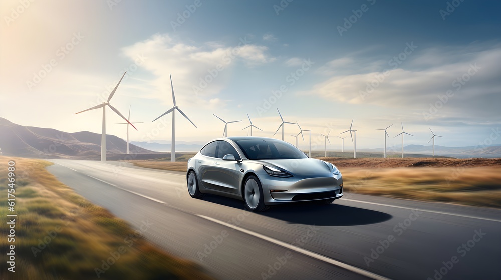 Electric car driving on a highway in the summer, wind turbines in the background