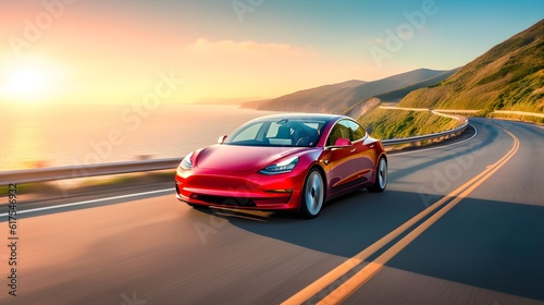 Red electric car driving on a highway in the summer  mountains and ocean in the background
