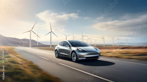 Electric car driving on a highway in the summer, wind turbines in the background © GnrlyXYZ