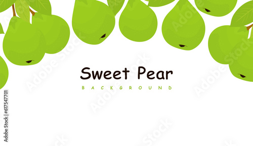 Sweet pear fruits background with place for text. Pears hanging on branch with leaves. Organic healthy fruits background, one border, frame. Flat vector illustration for banner, poster and package.
