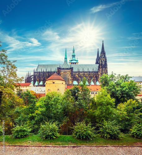 Photography Prague autumn landscape view to Saint Vitus Cathedral.