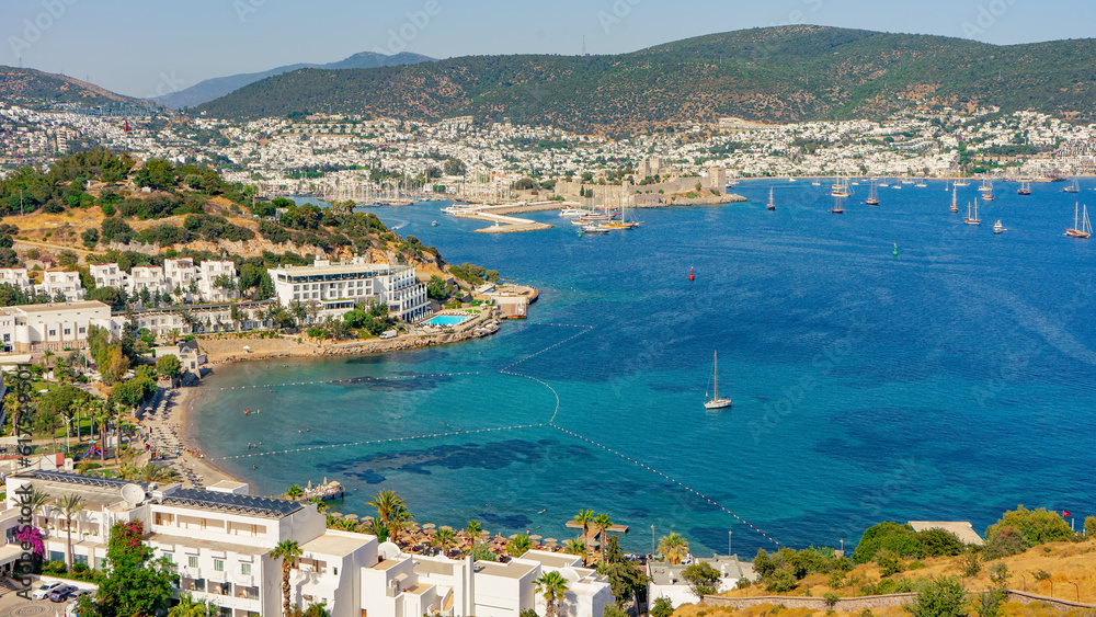 Panoramic view of Bodrum city, Turkey and Saint Peter Castle and marina. Summer landscape, popular travel destination