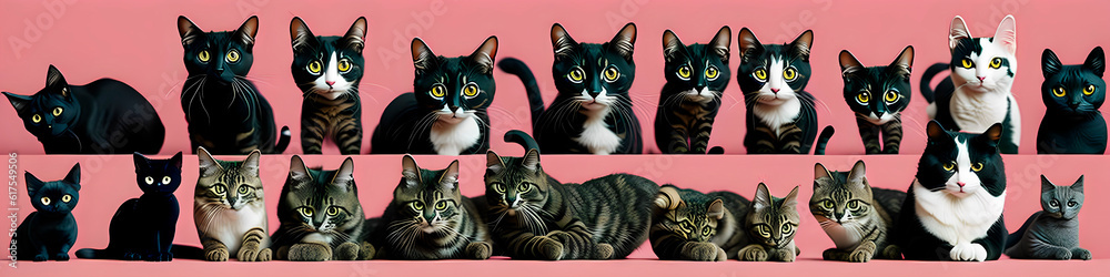 Lots of cute kittens isolated on pink background. Generative AI. Lots of cute kittens isolated on pink background. Generative AI.