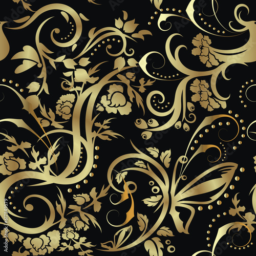 Gold blossom flowers vintage seamless pattern. Beautiful gold and black vector background. Old style floral golden luxury ornaments. Endless ornate texture. Modern pattern with dots, circles, swirls.