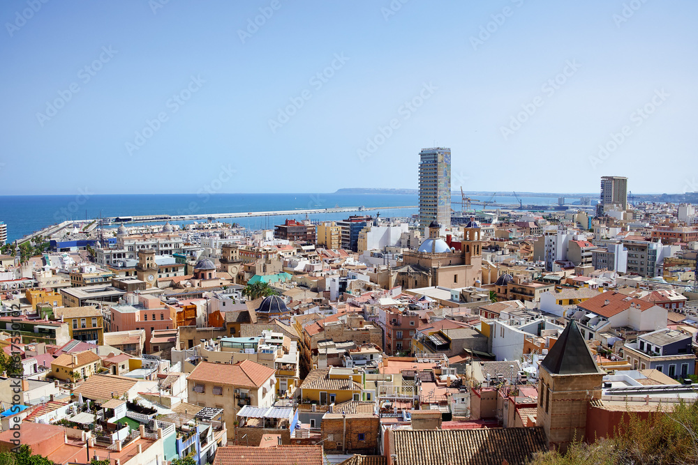 View on Alicante old city and port from castle Santa Barbara