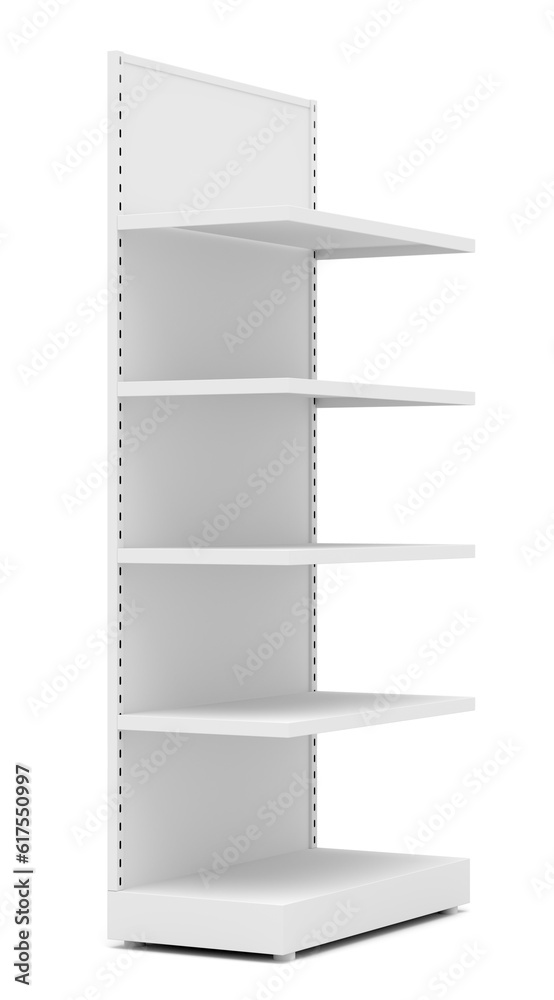 Obraz premium White Empty Retail Shelves. Side View. Isolated On White Background. 3D Illustration
