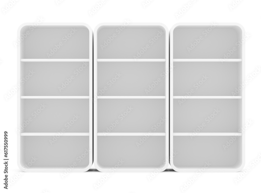 Three empty rotated retail shelves. Front view. Template. 3D Illustration, Isolated on white Three empty rotated retail shelves. Front view. Template. 3D Illustration, Isolated on white