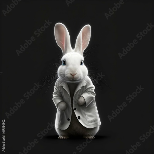 anthropomorphic very cute bunny rabbit in a white lab coat black background line art modest professional 