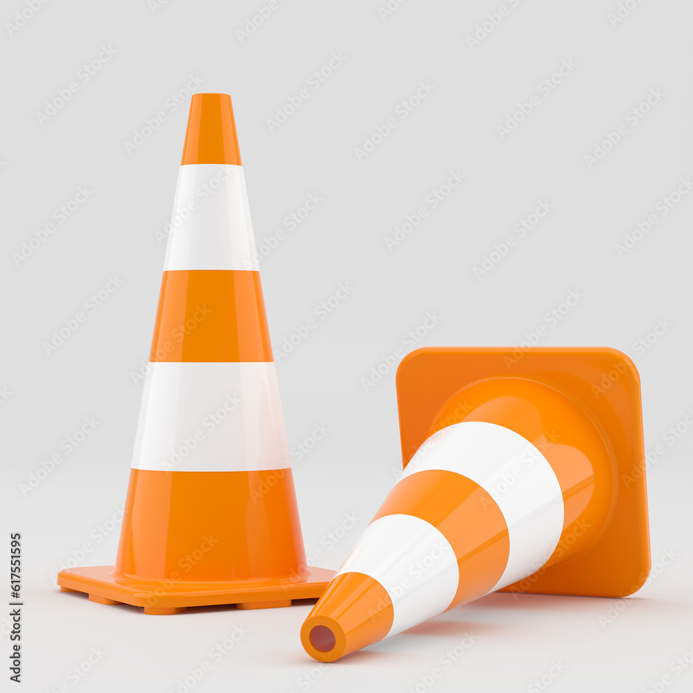 Two traffic cones, on gray background. 3D Illustration Two traffic cones, on gray background. 3D Illustration