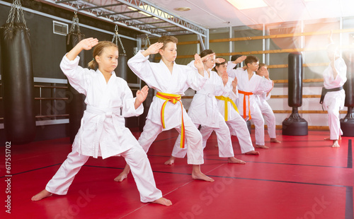 Schoolchilds are practicing new technique by repeating for the trainer in karate class