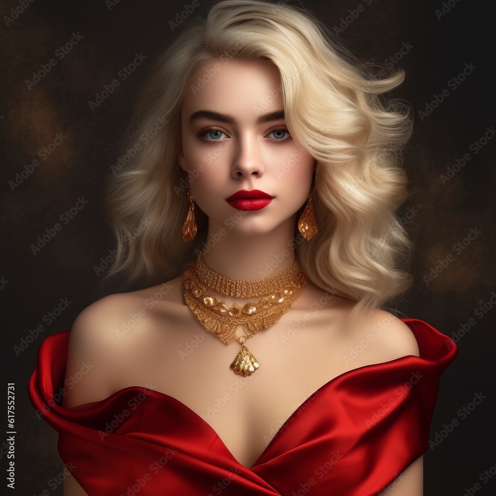 Beautiful blonde woman in red dress with jewelry, studio shot. Portrait of  a beautiful girl. Fashion portrait of beautiful young woman with blonde  hair and red lips. AI generated Stock Illustration |