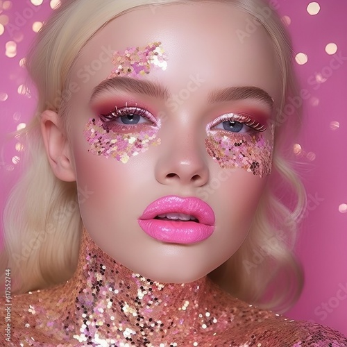 Fashion art portrait of beautiful blonde woman with pink makeup and sparkles on her face. Portrait of a beautiful model  with creative make-up and sparkles on face and neck. Fashion colorful portrait