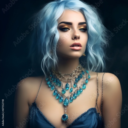 Portrait of a beautiful young woman with blue hair and jewelry. Jewelry and beauty. Portrait of a beautiful girl. Fashion portrait of beautiful model  with professional makeup and stylish hairstyle.