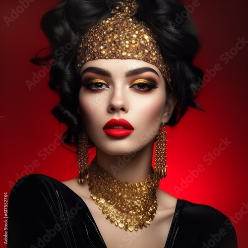 Portrait of beautiful young woman with bright makeup and golden accessories on red background. Beautiful young woman with red lips and evening make-up with a red lips in a luxurious evening dress.