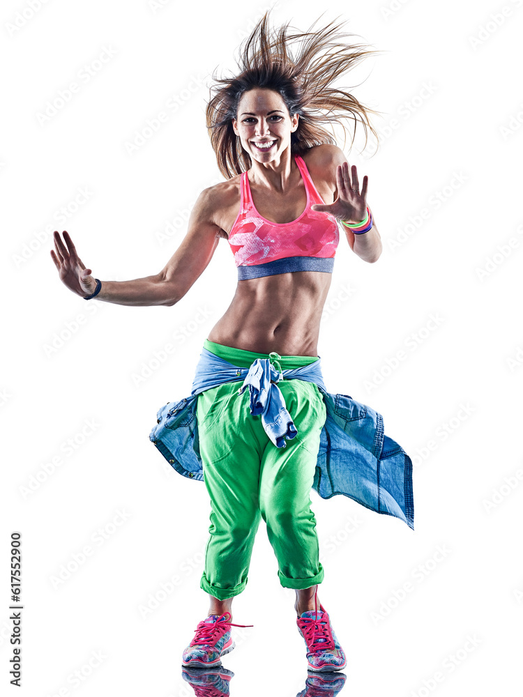 one caucasian woman exercising fitness excercises dancer dancing in studio isolated on white background one caucasian woman exercising fitness excercises dancer dancing in studio isolated on white background