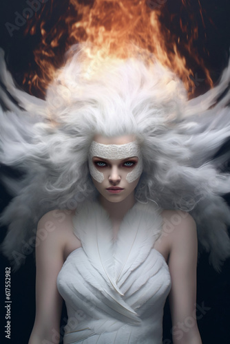 Burning woman experiencing emotional tension. Human emotion concept. A beautiful woman with a flame - illustration of the contrast between external calm and mental or emotional tension. AI generated