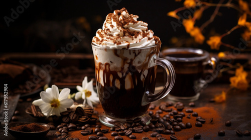 A mug of iced coffee with a swirl of whipped cream and a sprinkle of cocoa powder