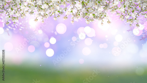 3D render of cherry tree blossom on a bokeh lights background