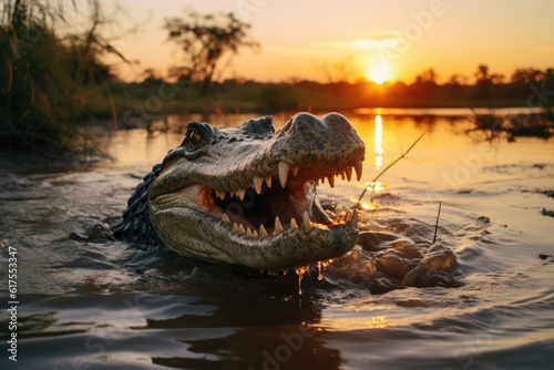crocodile snapping out of the water with its mouth open at sun rise with backlight - generative ai