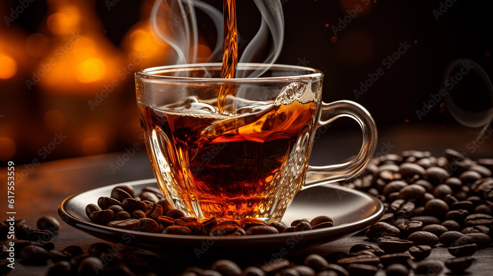 A close-up of a freshly brewed cup of aromatic coffee, steam rising from the surface A close-up of a freshly brewed cup of aromatic coffee, steam rising from the surface
