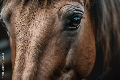 Bay horse close-up portrait.