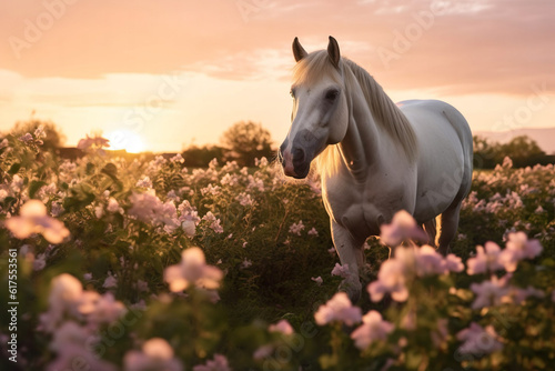 Arabian horse staring into the camera with the sun setting behind her.