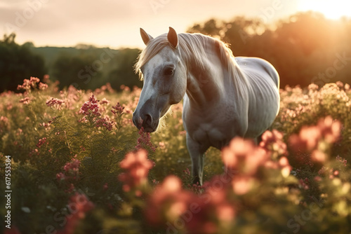 Horse standing in a flower field. 
