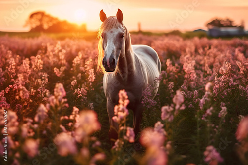 Quarter horse in a field of flowers.
