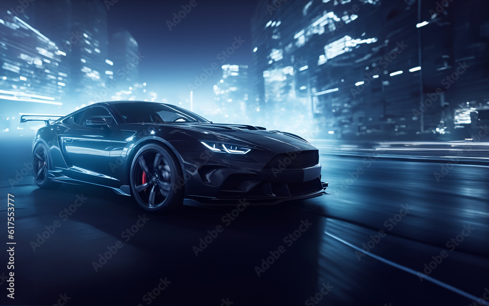 Luxury sport car in a city street at night. Supercar with city lights in the background