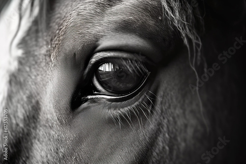 Black and White closeup of a horse's eye. Rustic Western Farmhouse Themed Wall Art. © Miranda