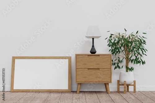 Empty mock up poster frame with plant and cabinet, living room interior design, 3D rendering.