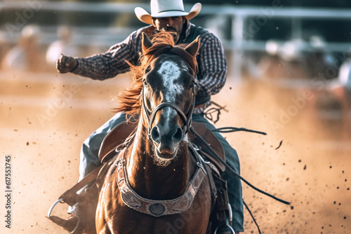 Cowboy and his horse running towards the camera in a rodeo arena.