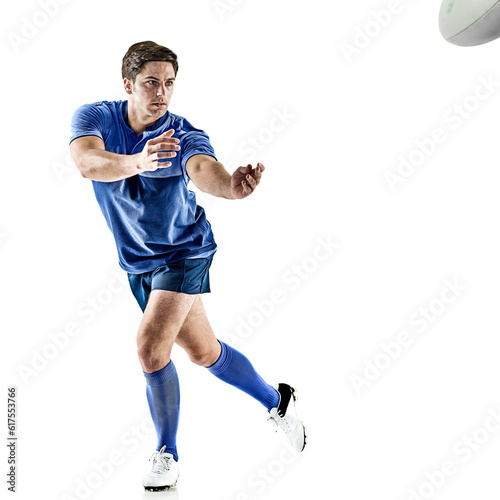 one caucasian rugby player man studio isolated on white background