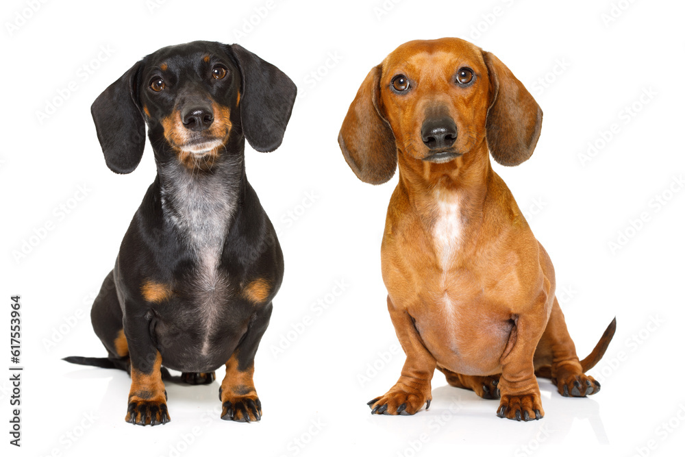 sitting and obedient couple of two dachshund or sausage dogs looking to owner , isolated on white background