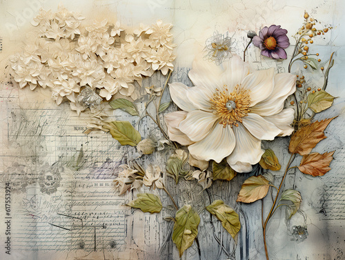 Vintage ephemera and white flowers. Decoupage scrapbooking paper texture. Generative AI