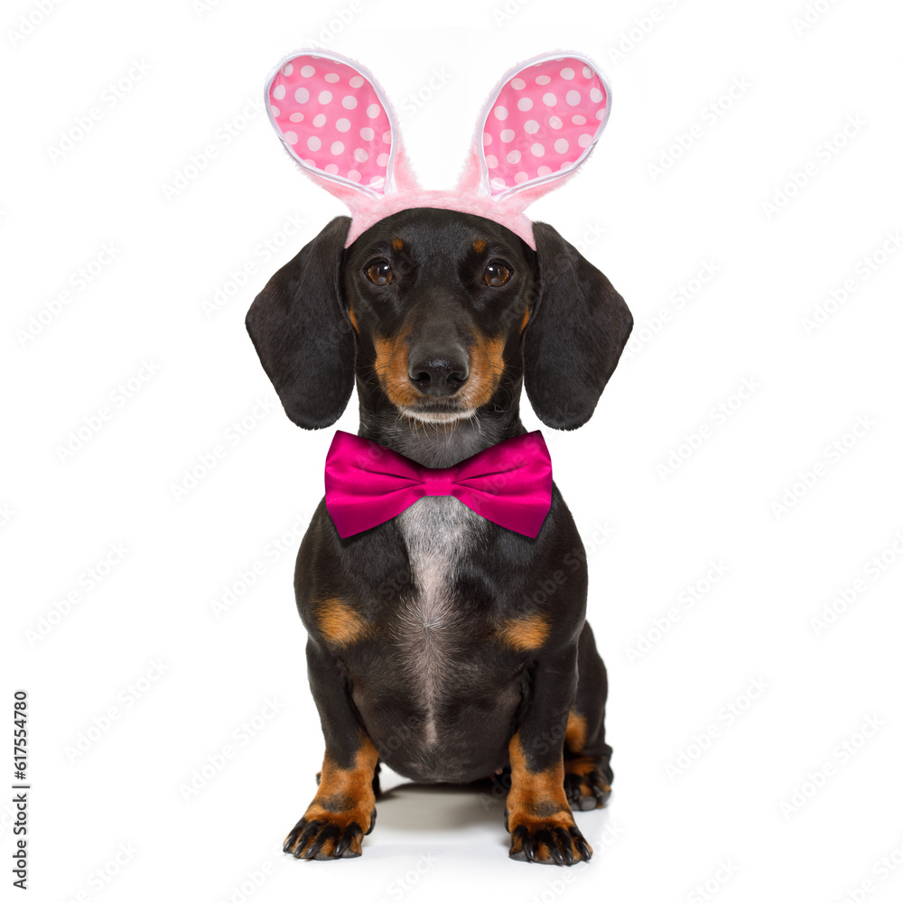 dachshund sausage  dog  with bunny easter ears and a pink tie, isolated on white background