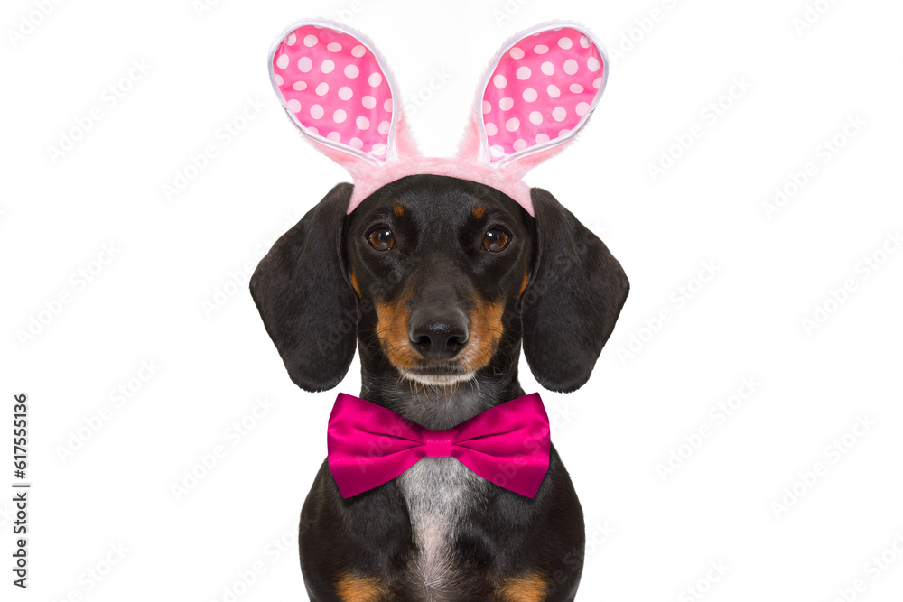 dachshund sausage  dog  with bunny easter ears and a pink tie, isolated on white background