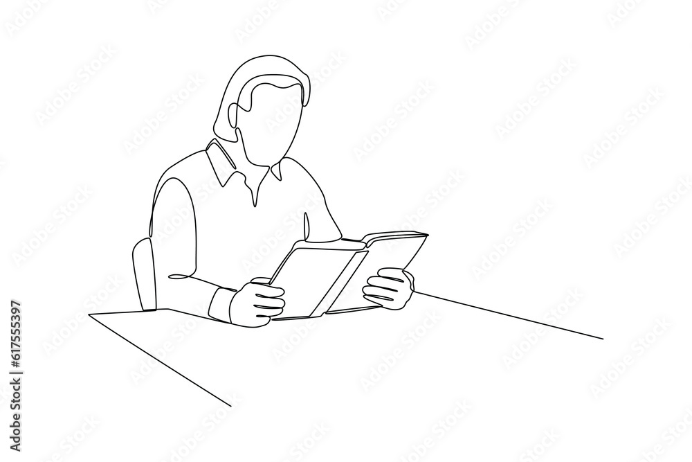 Single one line drawing happy student reading and preparing for examination. Education and leisure concept. Continuous line draw design graphic vector illustration. Single one line drawing happy student reading and preparing for examination. Education and leisure concept. Continuous line draw design graphic vector illustration.