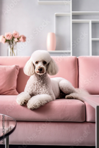 "Posh Poodle: Elegant White Poodle Posing on a Pink Sofa - Luxury and Charm Combined!"
