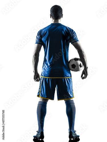 one caucasian soccer player man standing Rear View in silhouette isolated on white background © Designpics