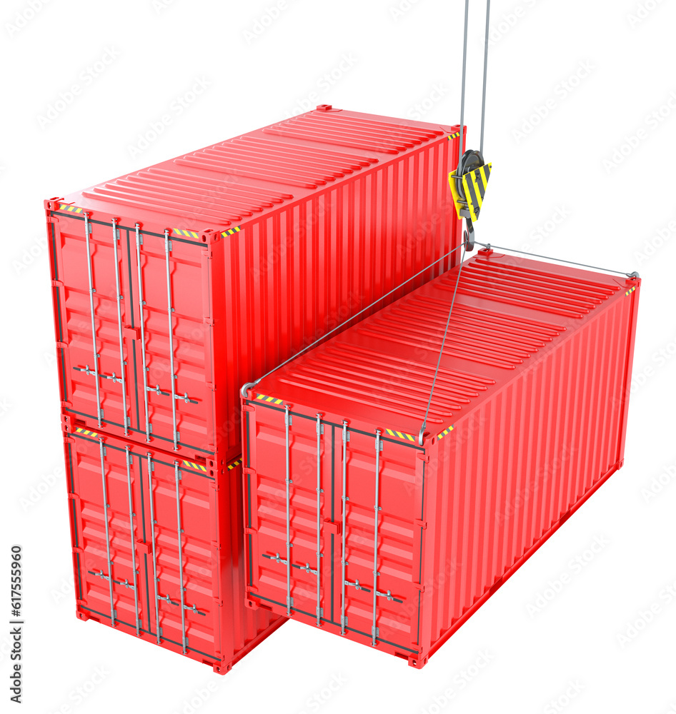 Shipping containers with crane hook, cargo. Isolated on White background. 3d rendering Shipping containers with crane hook, cargo. Isolated on White background. 3d rendering
