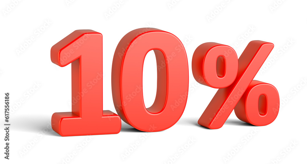 Red ten percent sign on white background. Business concept. 3d rendering Red ten percent sign on white background. Business concept. 3d rendering