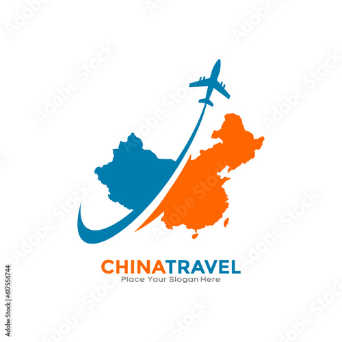 China Tiongkok travel with plane logo vector logo template. Suitable for business, transportation, technology, vacation, and travelling
