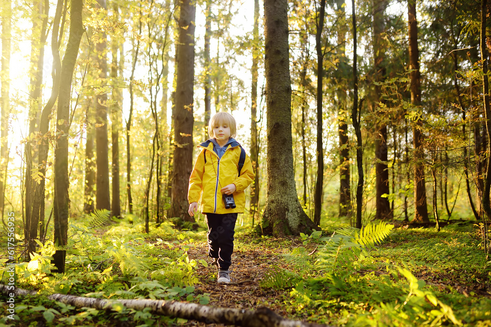 Little boy scout with binoculars during hiking in autumn forest. Child is looking with binoculars. Little boy scout with binoculars during hiking in autumn forest. Child is looking with binoculars.