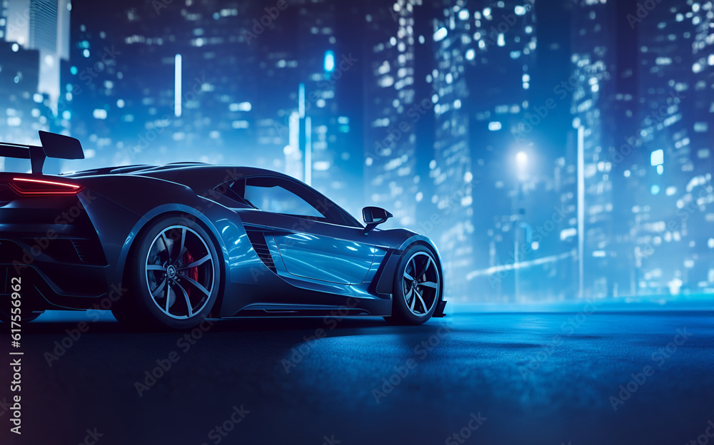 Luxury sport car in a city street at night. Supercar with city lights in the background. 