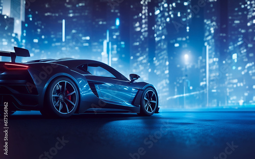 Luxury sport car in a city street at night. Supercar with city lights in the background.  © Gaston